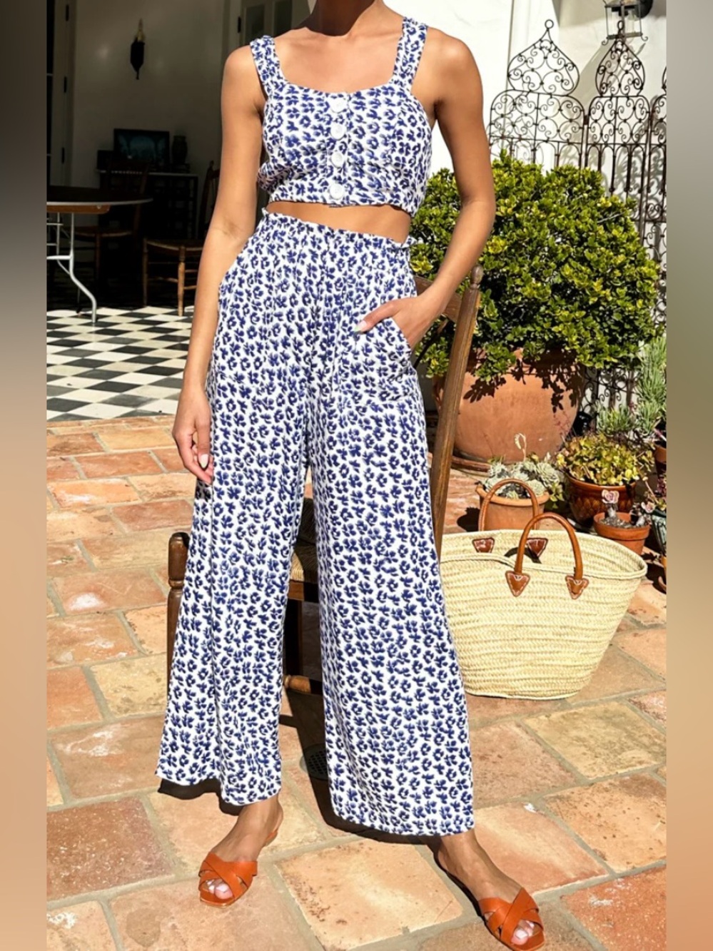 Emerson Fry Blue White Floral Wide-Leg Pants And Crop Top Matching Set